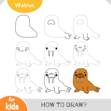 Basit bir rehber kullanarak tatlı bir deniz aygırının nasıl çizileceğini. Deniz hayatı ve basit sanat dersleriyle ilgilenen çocuklar için eğlenceli bir aktivite. Vektör karikatür çalışma tablosu