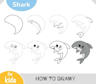 Şirin bir çizgi film köpekbalığı için basit bir çizim dersi. Çocuklar için deniz hayvanlarını keşfetmek ve çizim becerilerini geliştirmek için harika bir yaratıcı egzersiz. Vektör çalışma tablosu