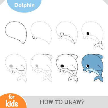 Basit çizimlerle tatlı bir yunusu adım adım çizmek. Yaratıcı ve kendinden emin bir şekilde deniz hayvanlarını çizmeyi öğrenen çocuklar için eğlenceli ve basit. Vektör okyanus çalışma tablosu