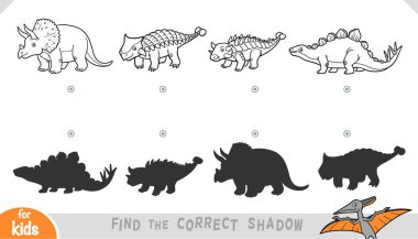 Dört sevimli dinozor ve silueti olan çocuklar için siyah ve beyaz gölgeler eşleştirme oyunu. Anaokulu ve anaokulu çocukları için Jurassic dönemi hakkında eğitici aktivite oyunu