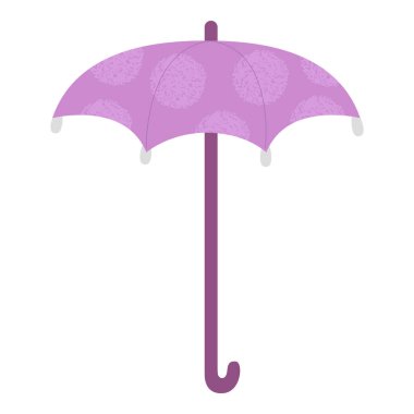 Polka nokta desenli çizgi film vektör şemsiyesi. Düz illüstrasyon beyaz arkaplanda izole edildi. Şirin ve şık mor yağmurlu gün aksesuarı.
