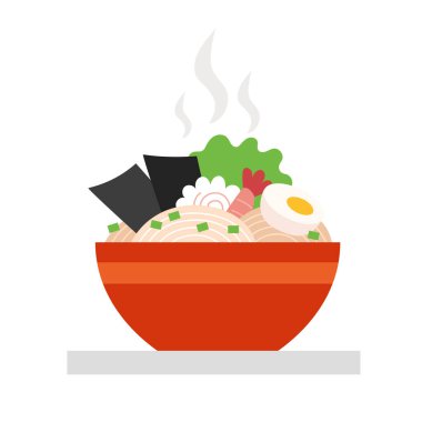 Yumurtalı, karidesli, naruto ve yeşillikli tatlı bir ramen tabağı. Beyaz arkaplanda izole edilmiş vektör düz çizim. Kawaii usulü Asya erişte çorbası..