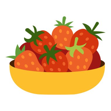 Sarı kasede şirin çilekler var. Beyaz arkaplanda izole edilmiş vektör düz çizim. Bir tabakta sulu ve tatlı yaz meyveleri