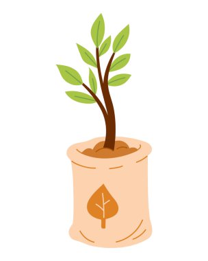 Eko amblemli bir toprak torbasından büyüyen yapraklı genç ağacın vektör düz çizgi film çizimi. Beyaz arka planda izole edilmiş. Sevimli çevre dostu ekme ve doğa bakımı kavramı.