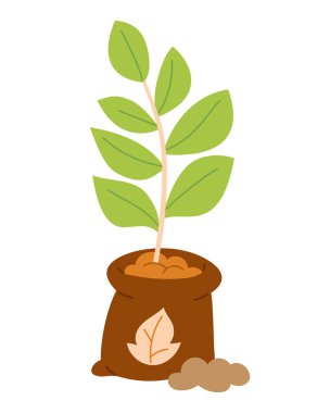 Eko amblemli bir toprak torbasından büyüyen yapraklı genç ağacın vektör düz çizgi film çizimi. Beyaz arka planda izole edilmiş. Sevimli çevre dostu ekme ve doğa bakımı kavramı.