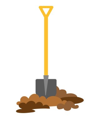 Bahçe küreğinin yere saplanmış halinin vektör düz çizimi. Beyaz arkaplanda izole edilmiş renk resmi. Ağaç dikmek, bahçe ve çevreyle ilgilenmek için güzel bir araç..