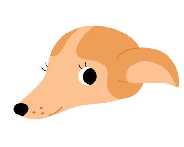 Çizgi film tarzında köpek kafasının şirin vektör düz çizimi. Beyaz arka planda izole edilmiş evcil hayvan resmi. Yüzü buruşuk, kocaman gözleri var. Çocuklar ve tasarım için Kawaii hayvanı.