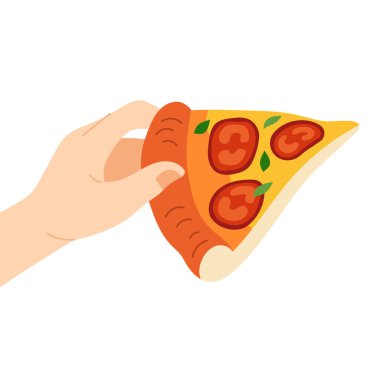 Bej renkli bir el lezzetli bir dilim pizza tutar. Düz biçim vektör illüstrasyonu beyaz arkaplanda izole edildi. Yemek sahneleri için karikatür resmi arkadaş buluşmaları veya pizza partisi grafikleri