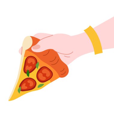 Pembe kadın eli lezzetli bir dilim pizza tutuyor. Düz biçim vektör illüstrasyonu beyaz arkaplanda izole edildi. Yemek sahneleri için karikatür resmi arkadaş buluşmaları veya pizza partisi grafikleri