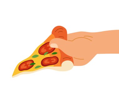 Bej renkli el lezzetli bir dilim pizza tutar. Düz biçim vektör illüstrasyonu beyaz arkaplanda izole edildi. Yemek sahneleri için karikatür resmi arkadaş buluşmaları veya pizza partisi grafikleri