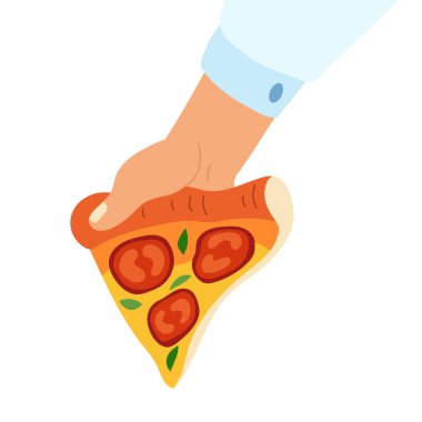 Ofis çalışanının elinde lezzetli bir dilim pizza var. Düz biçim vektör illüstrasyonu beyaz arkaplanda izole edildi. Yemek sahneleri için karikatür resmi arkadaş buluşmaları veya pizza partisi grafikleri