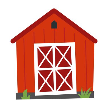 Klasik çiftlik ahırı çizimi. Kırmızı ve beyaz renklerde. Düz biçim vektör illüstrasyonu beyaz arkaplanda izole edildi. Köy ve tarım temaları için gelenek oluşturma.