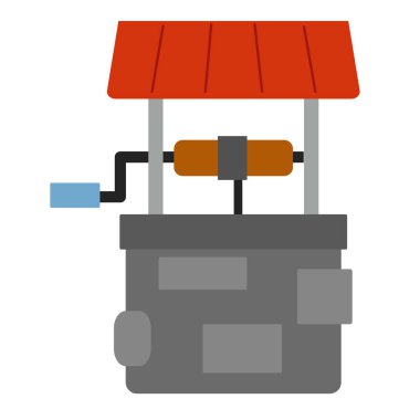 Kırmızı çatılı eski köy kuyusu. Beyaz arkaplanda düz stil vektör çizimi. Çiftlik manzaraları için kırsal tasarım