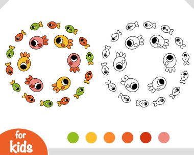 Okul balığının dairesel hareketli olduğu çizgi film boyama sayfası. Çocuklar için deniz temalı renklendirme etkinliği ve kolay paletli anaokulu çocukları