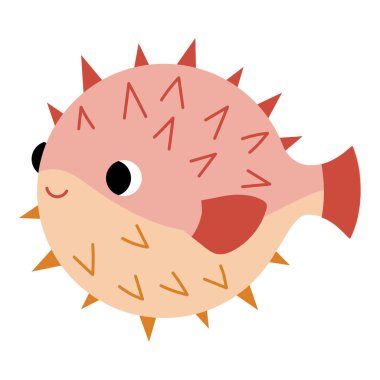 Şirin çizgi film fugu balığı, dost canlısı kawaii suratlı. Çocuklar için deniz ve okyanus ve eğitim materyalleri hakkında tasarımlar yapan beyaz arka plandaki düz vektör karakteri.