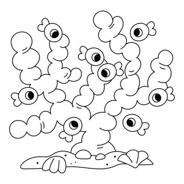 Mercanlar ve küçük şirin balıklarla dolu sualtı sahnesi. Okyanus temalı boyama kitapları ve deniz yaşamı ile ilgili eğitici çalışma tabloları için basit siyah beyaz çizgiler..