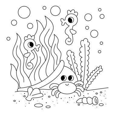 Bitkiler ve hayvanlarla dolu siyah beyaz su altı vazoları. Denizin dibindeki sevimli denizatları ve yengeçler. Okyanus temalı boyama kitapları ve eğitici çalışma tabloları için basit satır sanatı