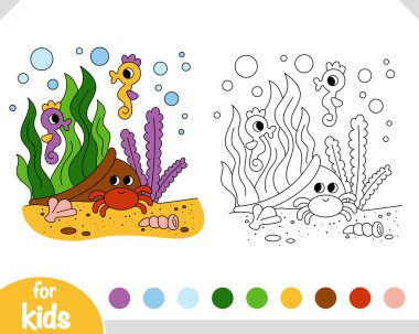 İçinde bitki ve hayvanların olduğu su altı vazosu olan karikatür boyama sayfası. Çocuklar için deniz temalı boyama etkinliği ve renkli kumaşlı anaokulu çocukları için. Okyanus tabanında tatlı denizatları ve yengeçler