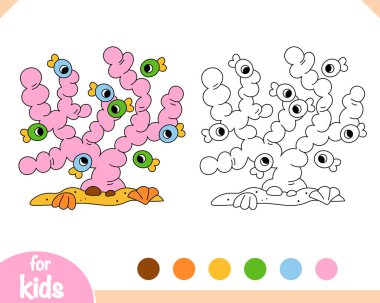 Mercanların çizgi film boyama sayfası ve çocuklar için kolay paletli şirin küçük balıklar. Çocuklar ve anaokulu çocukları için deniz temalı renklendirme etkinliği