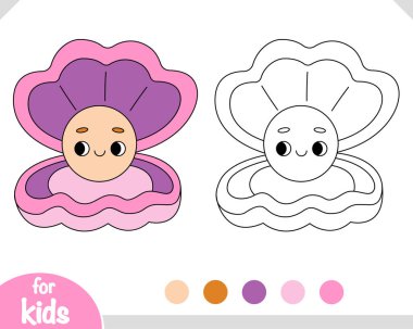 Kabuğunda şirin inci olan çizgi film boyama sayfası ve basit renk paleti rehberi. Çocuklar ve anaokulu çocukları için kolay ve eğlenceli okyanus temalı renklendirme etkinliği. 