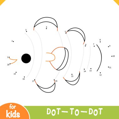 Palyaço balığı karakterli çocuklar için nokta oyunu. Sayılar ve deniz hayvanının tam görüntüsü. Basit okyanus temalı eğitici aktivite çalışma tablosu