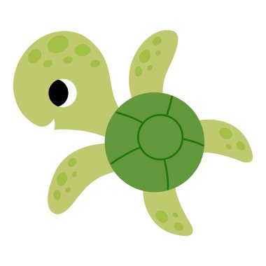 Şirin çizgi film yeşil kaplumbağa, dost canlısı Kawaii suratlı. Çocuklar için deniz ve okyanus ve eğitim materyalleri hakkında tasarımlar yapan beyaz arka plandaki düz vektör karakteri.
