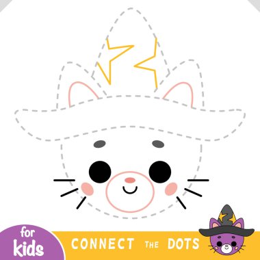 Güzel bir kediyi büyücü şapkasıyla tamamlamak için noktaları birleştir. Cadılar Bayramı hakkında eğlenceli ve basit eğitim aktiviteleri ve anaokulu çocukları için peri masalları