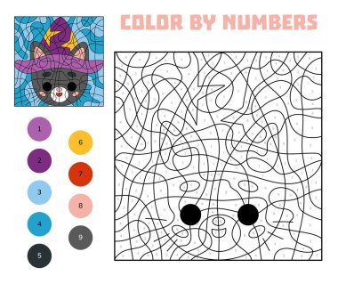 Büyücü şapkası renginde şirin bir kedi. Çocuklar için numaralandırılmış. Sayılarla eğlenceli eğitici boyama sayfası. Anaokulu ve anaokulu çocukları için Cadılar Bayramı basılabilir çalışma tablosu.