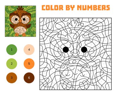Çocuklar için sayfadan sevimli çizgi film karakteri baykuş rengi. Anaokulu ve anaokulu çocukları için eğlenceli ve eğitici bir oyun. Orman hayvanları hakkında sayılar ve renkler öğrenmek.