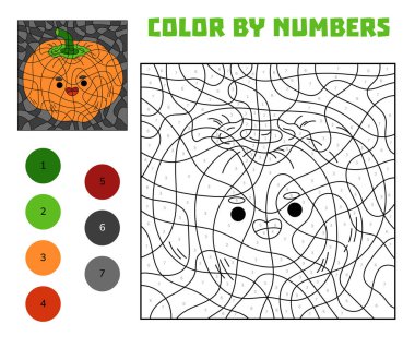 Mutlu yüz rengine sahip sevimli karakter balkabağı çocuklar için numara etkinliği. Sayılarla eğlenceli eğitici boyama sayfası. Anaokulu ve anaokulu çocukları için Cadılar Bayramı basılabilir çalışma tablosu.