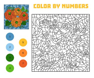 Çocuklar için Cadılar Bayramı 'nın şirin balkabağı rengi. Sayılarla eğlenceli eğitici boyama sayfası. Anaokulu ve anaokulu çocukları için sonbahar basılabilir çalışma tablosu.