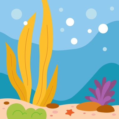 Yeşil yosunlu ve kumlu zemini olan deniz dibi. Çizgi film kare arkaplanı düz vektör tarzında. Su altı projeleri ve sualtı öğrenme sahneleri için renk çizimi.