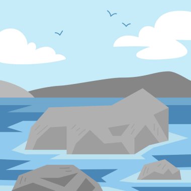 Büyük kayalıkları ve gökyüzünde uçan martıları olan soğuk kuzey kıyıları. Kuzey Kutbu hikayeleri ve vahşi yaşam projeleri için düz vektör biçimli karikatür arkaplanı