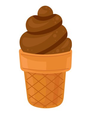 Waffle külahında çikolatalı dondurma. Gölgeli ve röfleli düz çizgi film vektör çizimi. Tatlı tasarımı ya da kafe menüleri için beyaz arka planda izole edilmiş.