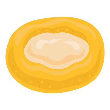 Ortasında süzme peynir olan sarı hamur işi çörekler. Renkli ve gölgeli kaymak tartının vektör düz çizgi film stili çizimi. Menü ve oyuncu tasarımlar için beyaz arkaplanda izole edilmiş.