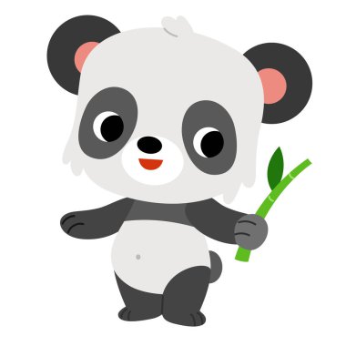 Pençesinde bambu tutan ve gülümseyen şirin bir panda. Düz Kawaii ayı çizimi beyaz arka planda izole edildi. Çocuk kitapları, yemek projeleri ve Asya doğa tasarımı için vektör maskotu.
