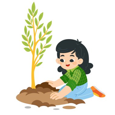Tatlı Asyalı kız toprağa yeşil tohum ekiyor. Düz vektör çizimi beyaz arkaplanda izole edildi. Çevre projeleri ve eğitim materyalleri için Kawaii çizgi film karakteri