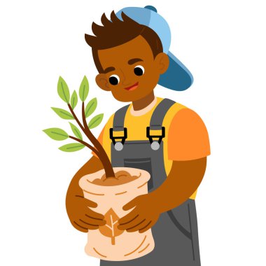 Boy in a cap and overalls holds tree seedling in a bag. Flat vector illustration isolated on white background. Kawaii cartoon character for environmental projects and education kids materials