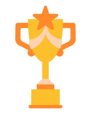 Golden sport trophy cup with big star in flat cartoon style. Vector illustration isolated on white background. Yellow object for fun learning games print designs and sport projects.