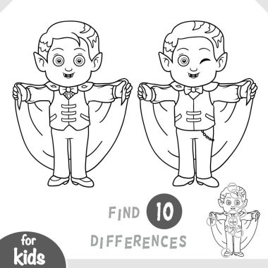 Halloween vampire boy with cloak. Spot the differences game for kindergarten and preschool children. Black and white coloring page in cartoon style for kids on the theme of the autumn holiday.