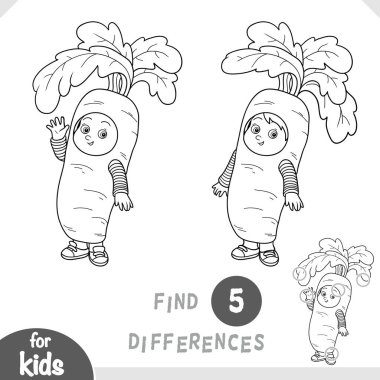 Masquerade carrot boy in a funny vegetable costume. Spot the differences game for kindergarten and preschool children. Black and white coloring page in cartoon style for holiday fun.