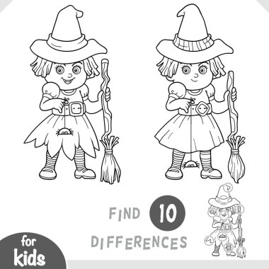 Halloween witch girl with broom and little spider. Spot the differences game for kindergarten and preschool children. Black and white coloring page in cartoon style for autumn and Halloween fun.