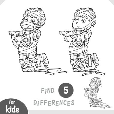 Mummy boy in masquerade costume with bandages. Spot the differences game for kindergarten and preschool children. Black and white coloring page in cartoon style for kids about Halloween