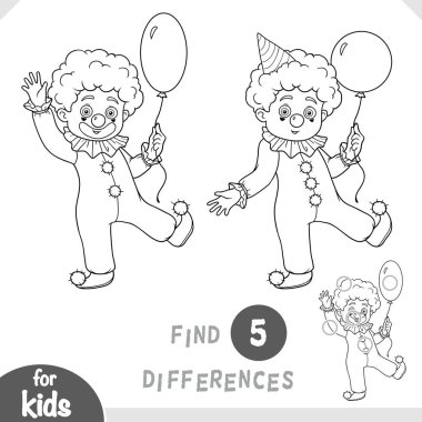 Cartoon boy in clown costume with balloon in hand. Spot the differences game for kindergarten and preschool children. Black and white coloring page in cute style about masquerade