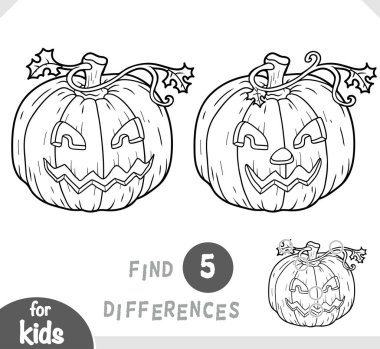 Halloween pumpkin with a carved face. Spot the differences game for kindergarten and preschool children. Black and white coloring page in cartoon style for kids on the theme of the autumn holiday.