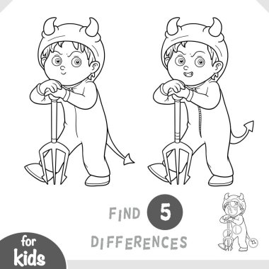 Halloween devil boy with big pitchfork. Spot the differences game for kindergarten and preschool children. Black and white coloring page in cartoon style for autumn and Halloween fun.