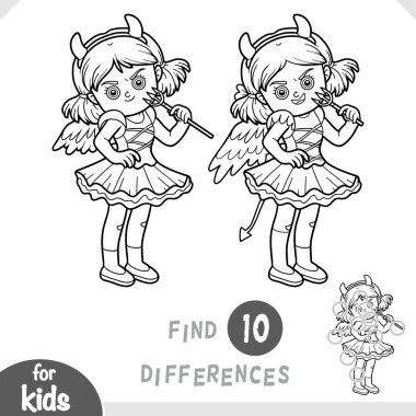 Halloween cute girl in devil costume. Spot the differences game for kindergarten and preschool children. Black and white coloring page in cartoon style for kids on the theme of the autumn holiday.