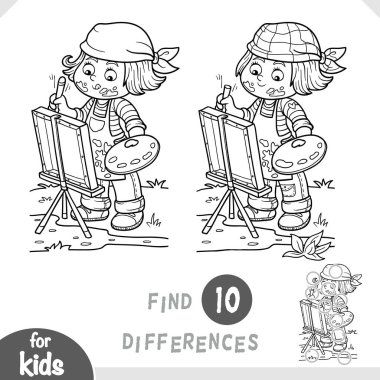 Açık havada sehpada resim yapan hoş bir sanatçı kız. Anaokulu ve anaokulu çocukları için farklılıkları belirle. Çocuklar için meslekler hakkında karikatür tarzında siyah-beyaz renkli sayfa