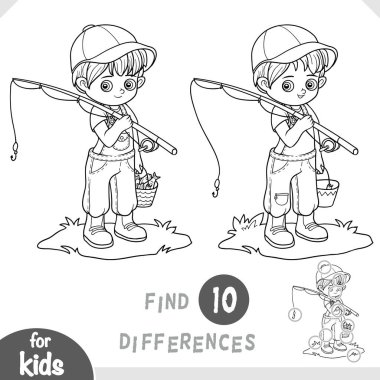 Cute boy with a fishing rod. Spot the differences game for kindergarten and preschool children. Black and white coloring page in cartoon style for kids about summer activities