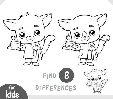 Cute cat waiter with a coffee mug on a tray. Spot the differences game for kindergarten and preschool children. Black and white coloring page in cartoon style for kids about professions